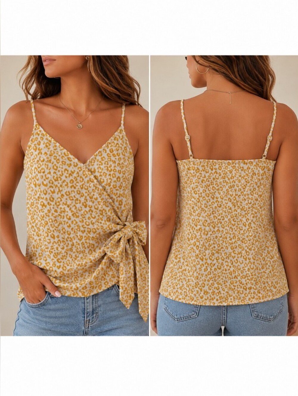 Blu Pepper Leopard Print Mustard/Cream Sleeveless Top Size L ajutable Bow Left